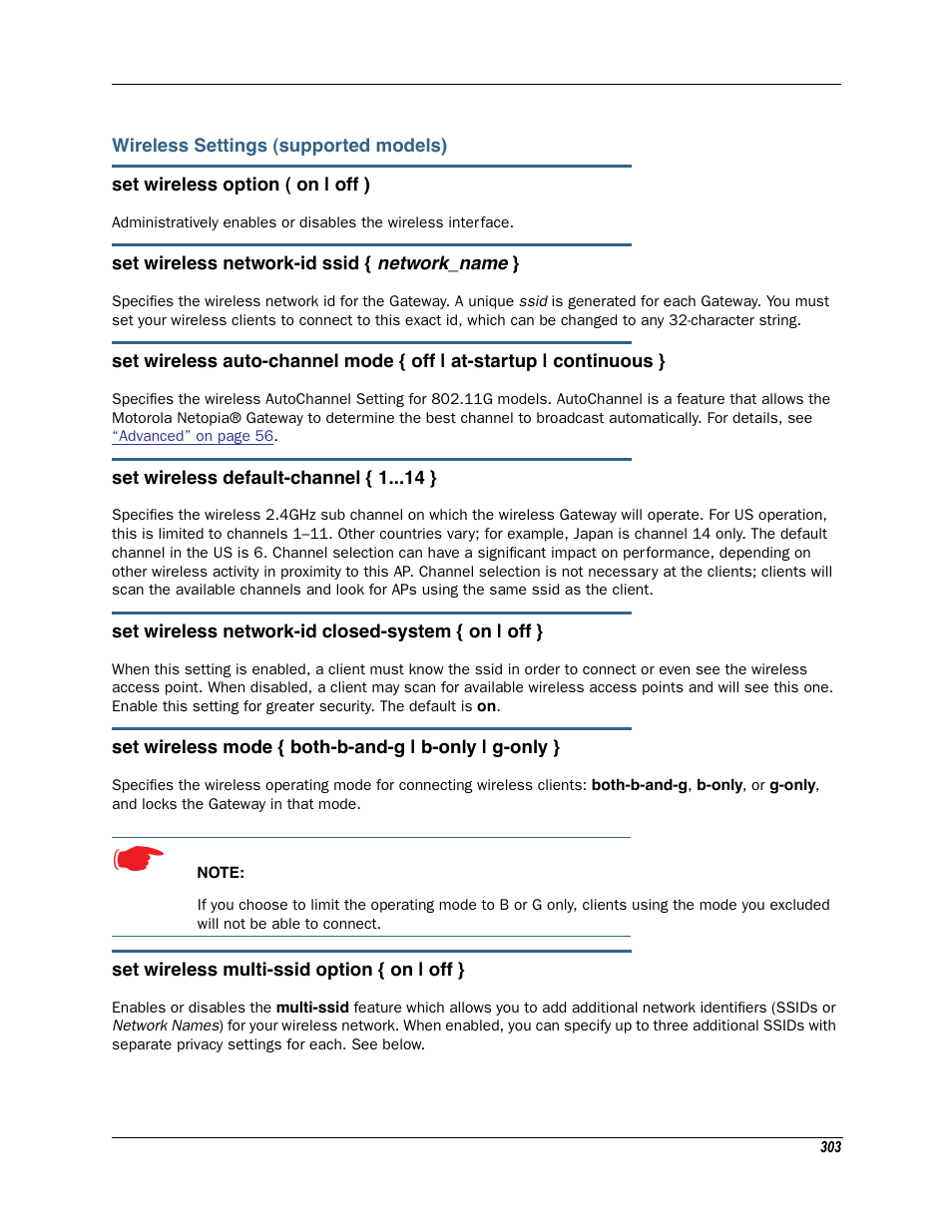 Wireless settings (supported models) | Motorola Netopia 3342N User Manual | Page 303 / 368