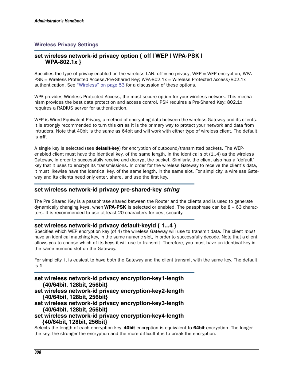 Wireless privacy settings, For mor | Motorola Netopia 3342N User Manual | Page 308 / 368