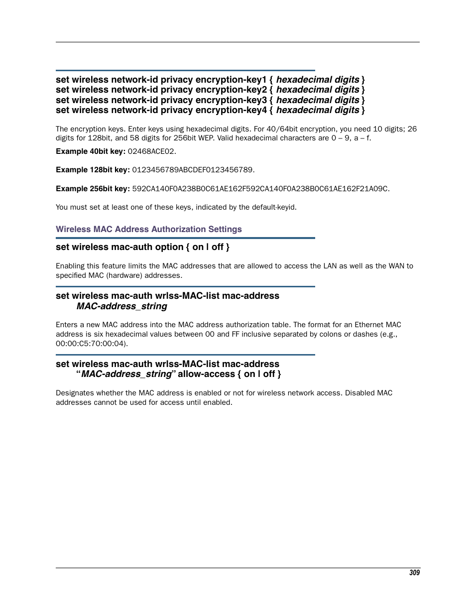 Wireless mac address authorization settings | Motorola Netopia 3342N User Manual | Page 309 / 368