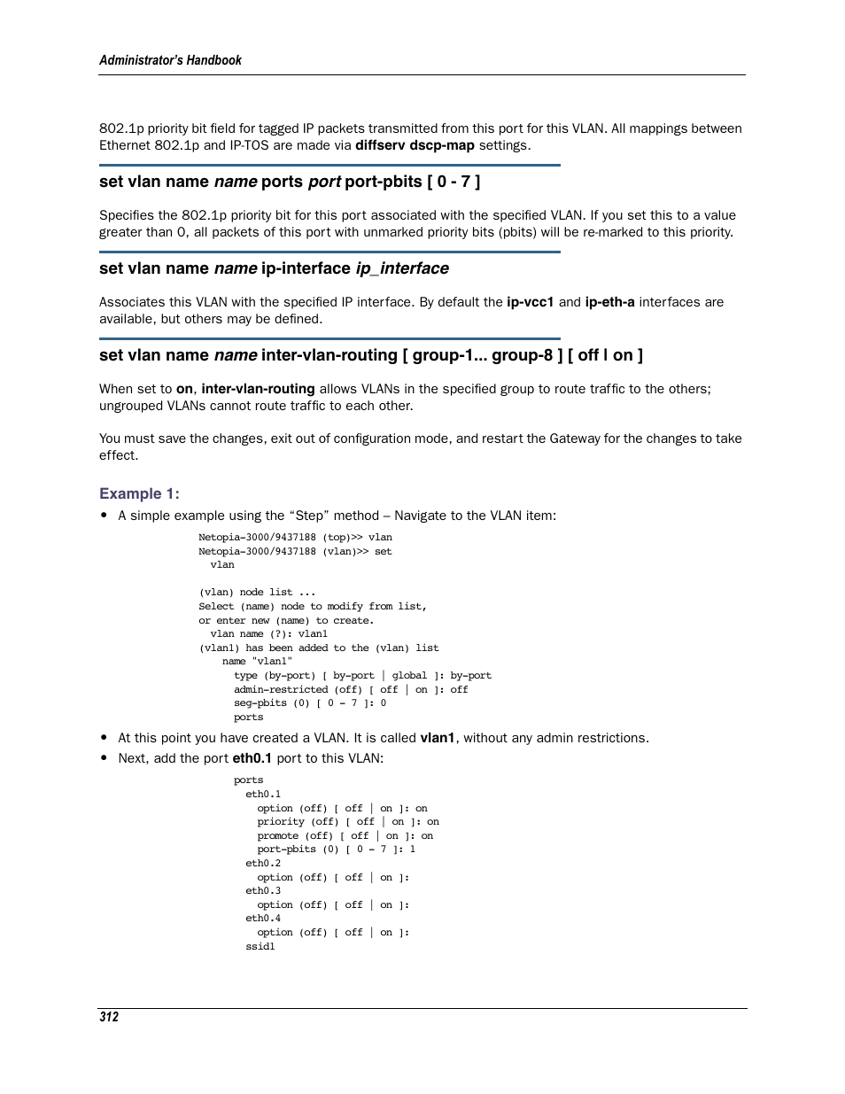 Example 1, Name, Port | Ip_interface, Set vlan name, Ports, Port-pbits [ 0 - 7, Ip-interface | Motorola Netopia 3342N User Manual | Page 312 / 368
