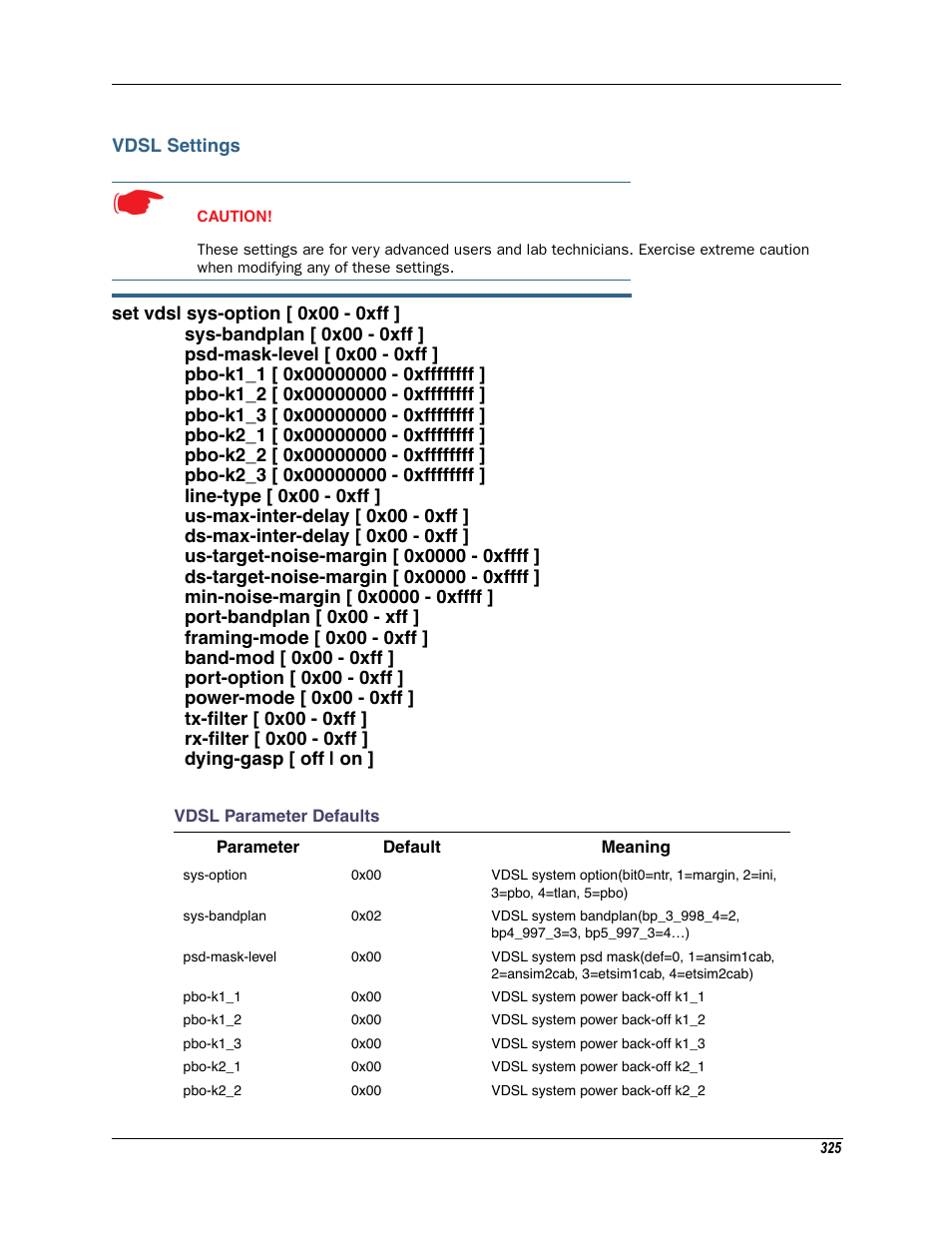 Vdsl settings, Vdsl parameter defaults | Motorola Netopia 3342N User Manual | Page 325 / 368