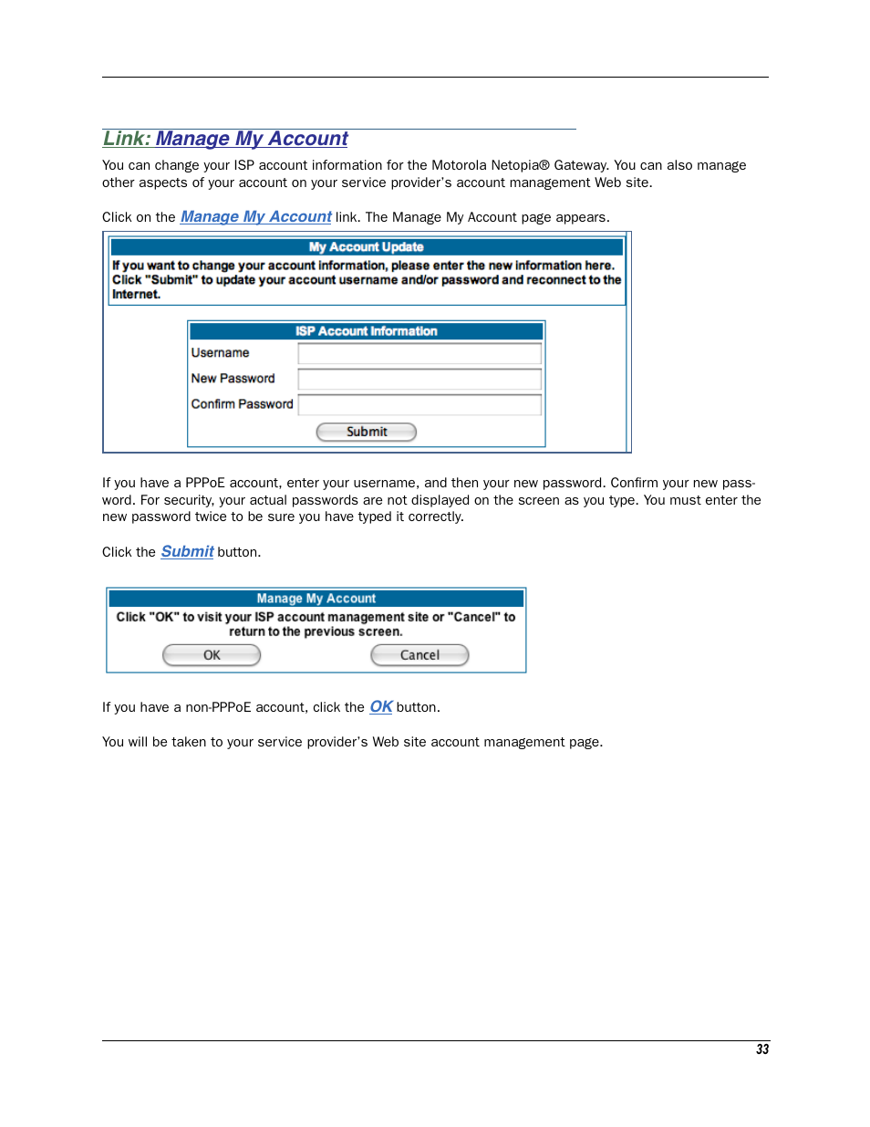 Link: manage my account, Manage my account | Motorola Netopia 3342N User Manual | Page 33 / 368