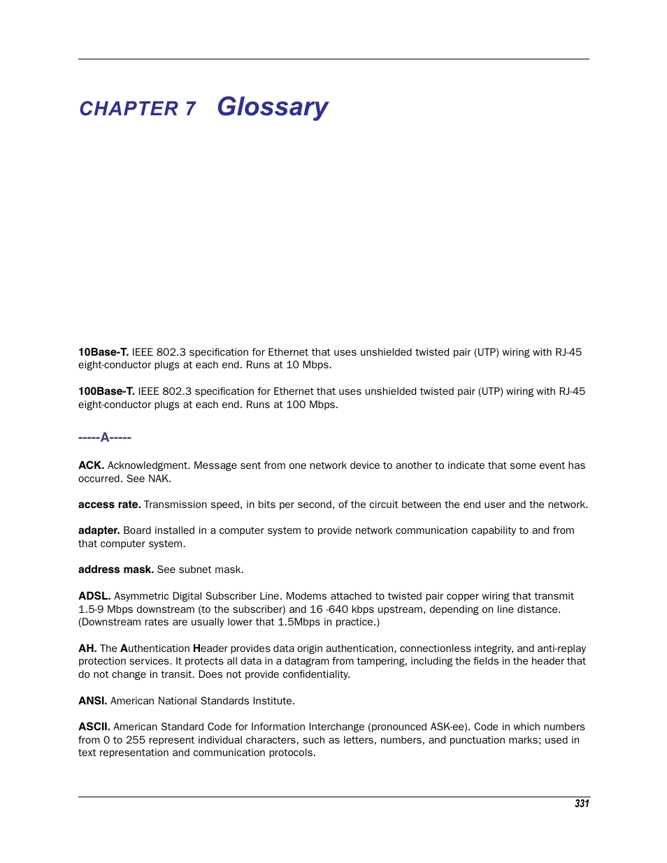 Chapter 7 glossary, Chapter 7, Glossary | Motorola Netopia 3342N User Manual | Page 331 / 368