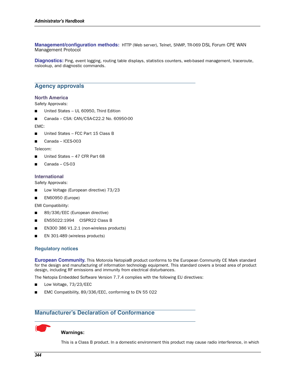 Agency approvals, Regulatory notices, Manufacturer’s declaration of conformance | Management/configuration methods: diagnostics, North america international, European community | Motorola Netopia 3342N User Manual | Page 344 / 368