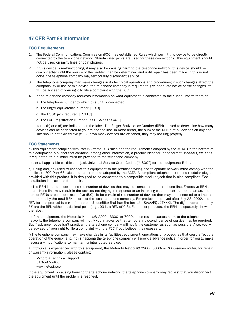 47 cfr part 68 information, Fcc requirements, Fcc statements | Fcc requirements fcc statements | Motorola Netopia 3342N User Manual | Page 347 / 368
