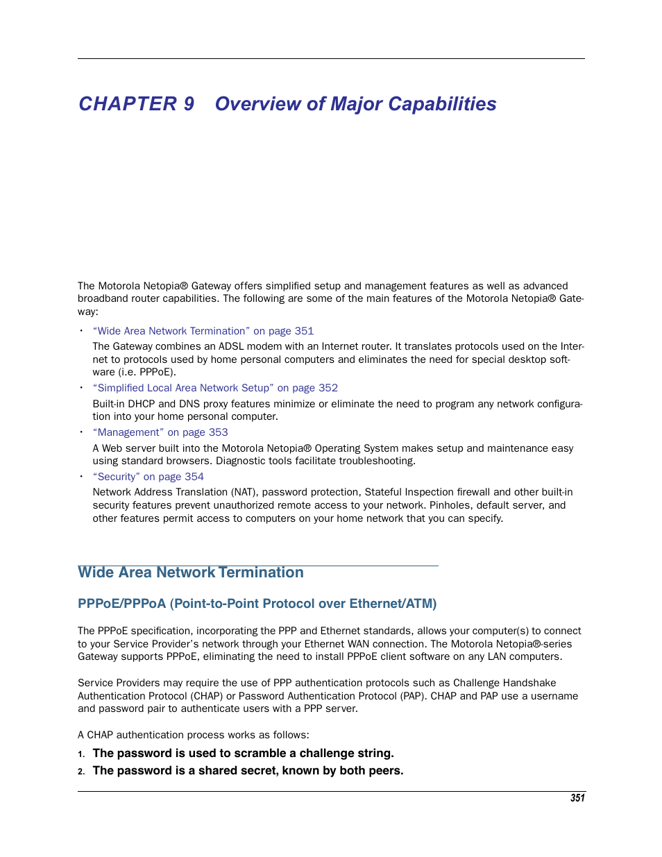 Chapter 9 overview of major capabilities, Wide area network termination, Chapter 9 | Overview, Overview of major capabilities | Motorola Netopia 3342N User Manual | Page 351 / 368