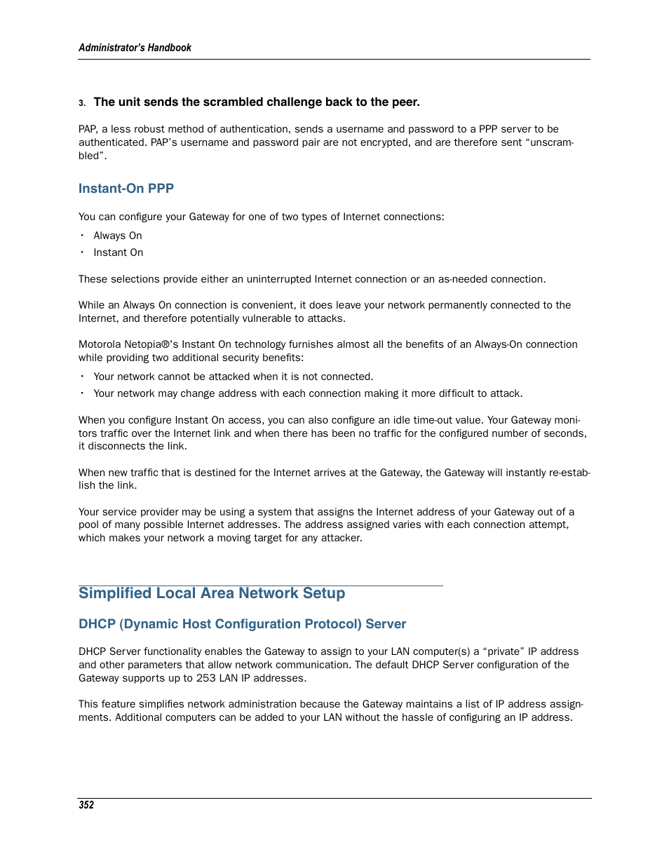 Instant-on ppp, Simplified local area network setup, Dhcp (dynamic host configuration protocol) server | Simpliﬁed local area network setup | Motorola Netopia 3342N User Manual | Page 352 / 368