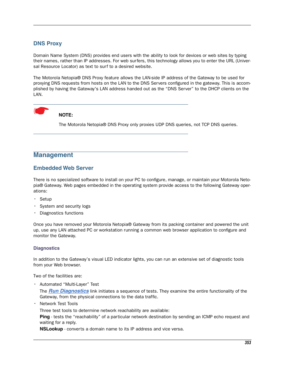 Dns proxy, Management, Embedded web server | Diagnostics | Motorola Netopia 3342N User Manual | Page 353 / 368