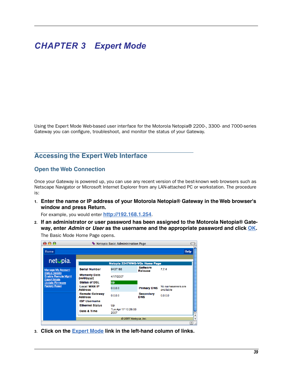 Chapter 3 expert mode, Accessing the expert web interface, Open the web connection | Chapter 3, Expert, Expert mode | Motorola Netopia 3342N User Manual | Page 39 / 368