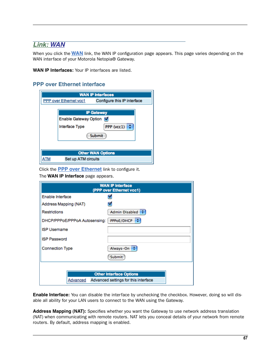 Link: wan, Ppp over ethernet interface, Wan ppp over ethernet interface | Pppoe/dhcp autosensing. see | Motorola Netopia 3342N User Manual | Page 67 / 368