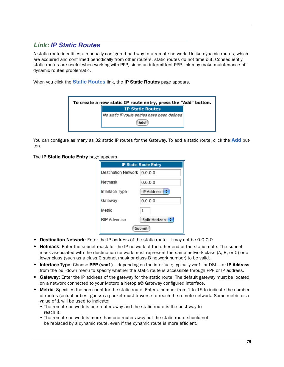 Link: ip static routes, Ip static routes | Motorola Netopia 3342N User Manual | Page 79 / 368