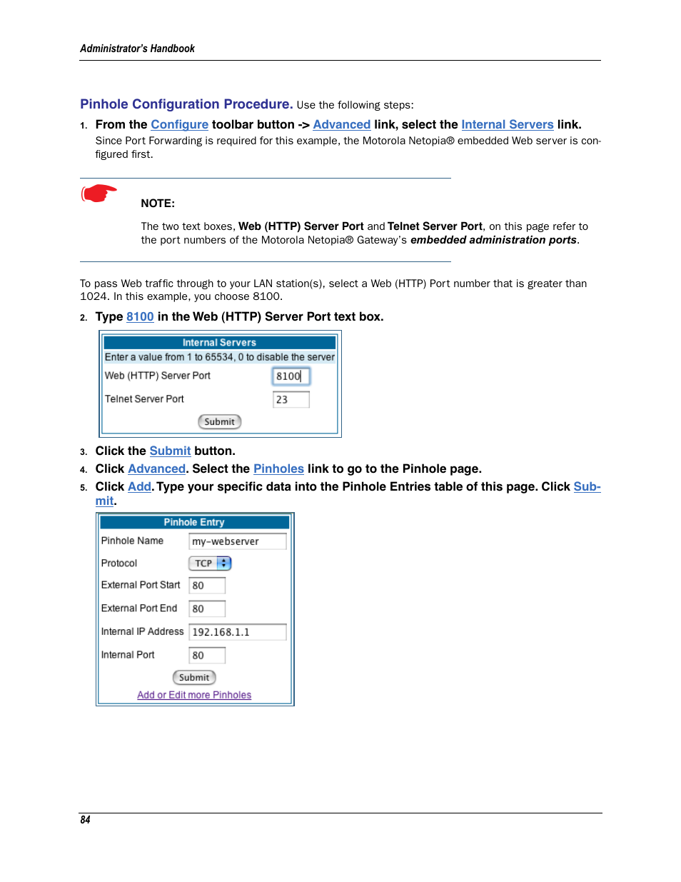 Pinhole configuration procedure | Motorola Netopia 3342N User Manual | Page 84 / 368