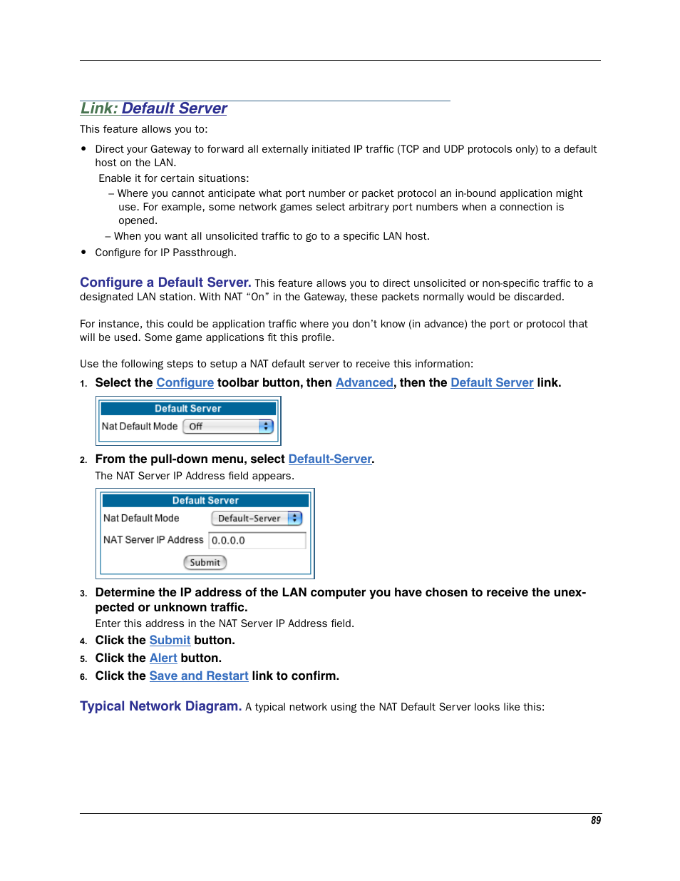 Link: default server, Default server, Configure a default server typical network diagram | Motorola Netopia 3342N User Manual | Page 89 / 368