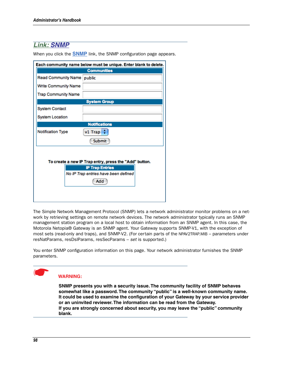 Link: snmp, Snmp | Motorola Netopia 3342N User Manual | Page 98 / 368