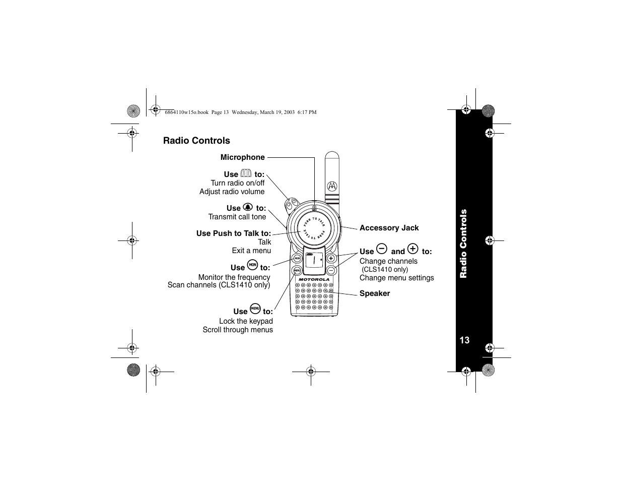 Radio controls | Motorola CLS1110 User Manual | Page 15 / 60