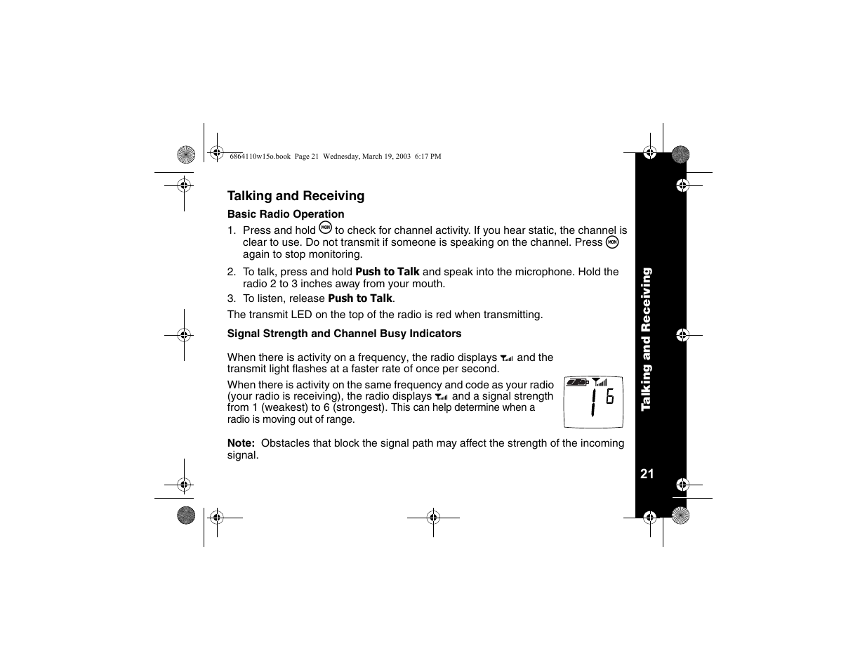 Talking and receiving, Basic radio operation, Signal strength and channel busy indicators | Motorola CLS1110 User Manual | Page 23 / 60