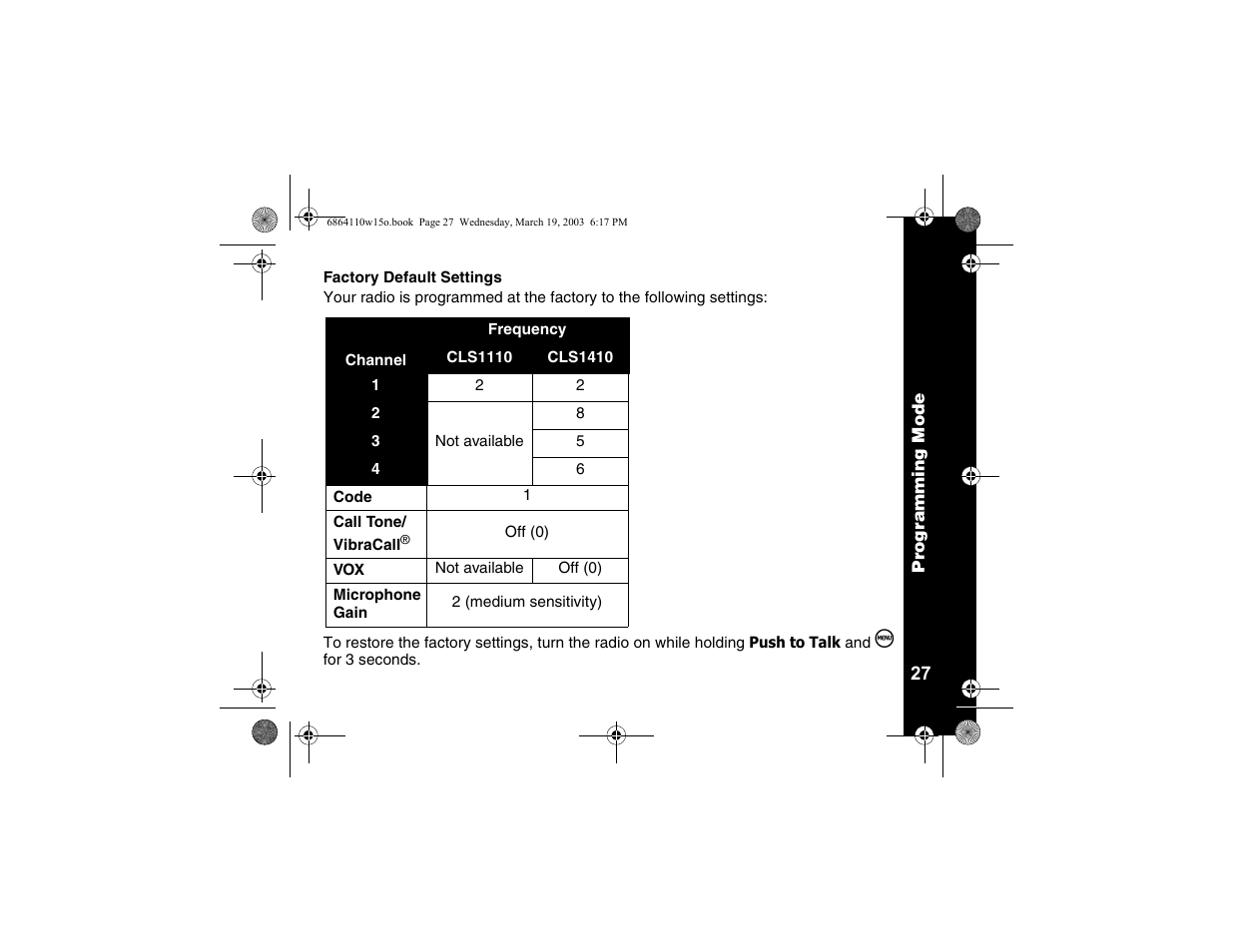 Factory default settings | Motorola CLS1110 User Manual | Page 29 / 60