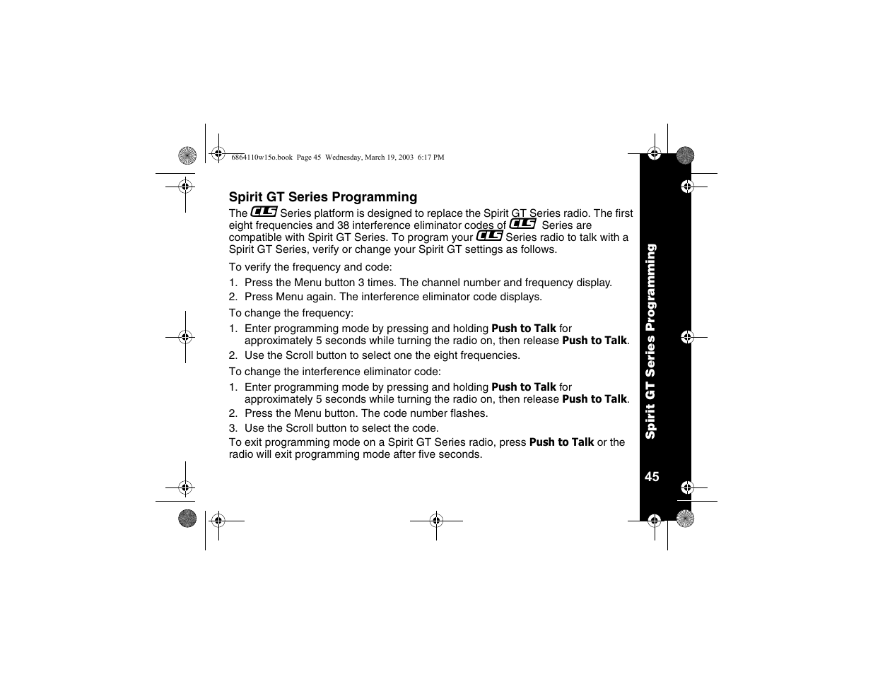 Spirit gt series programming | Motorola CLS1110 User Manual | Page 47 / 60