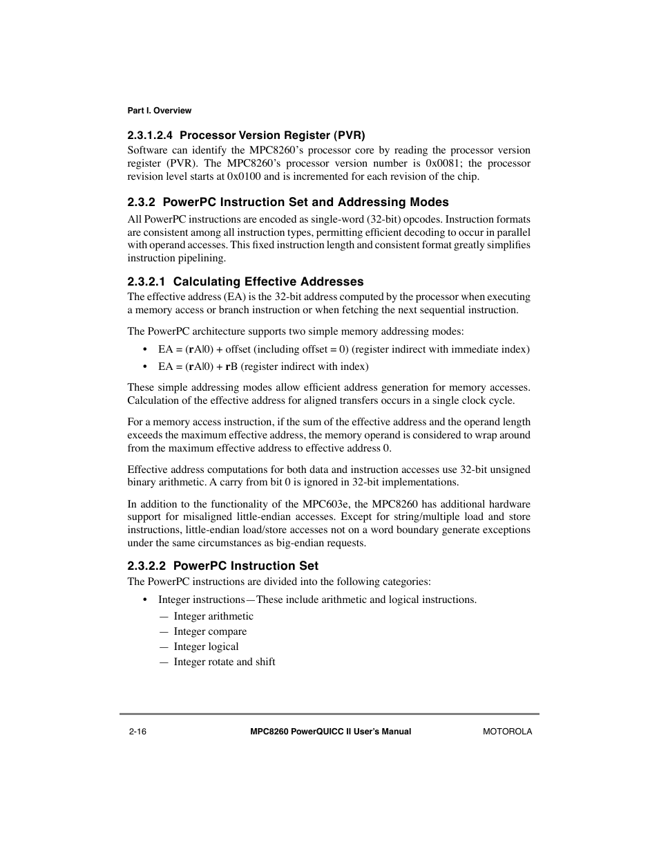 4 processor version register (pvr), 2 powerpc instruction set and addressing modes, 1 calculating effective addresses | 2 powerpc instruction set, Processor version register (pvr) -16, Powerpc instruction set and addressing modes -16, Calculating effective addresses -16, Powerpc instruction set -16 | Motorola MPC8260 User Manual | Page 104 / 1006