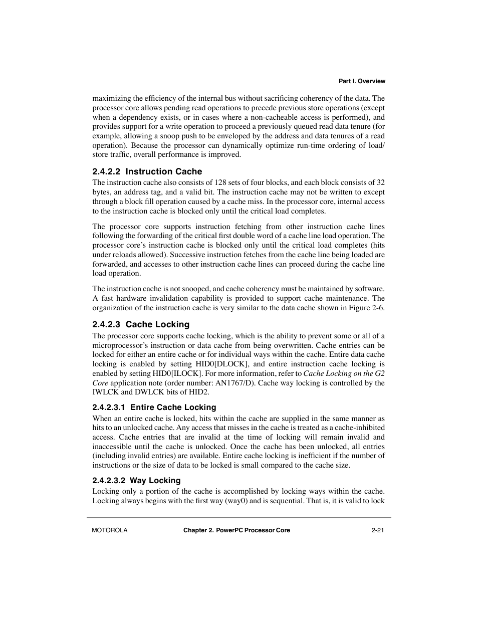 2 instruction cache, 3 cache locking, 1 entire cache locking | 2 way locking, Instruction cache -21, Cache locking -21, Entire cache locking -21, Way locking -21, See section 2.4.2.3, òcache locking | Motorola MPC8260 User Manual | Page 109 / 1006