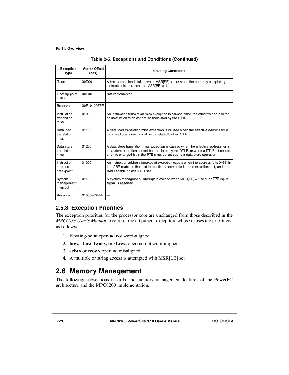 3 exception priorities, 6 memory management, Exception priorities -26 | Memory management -26 | Motorola MPC8260 User Manual | Page 114 / 1006