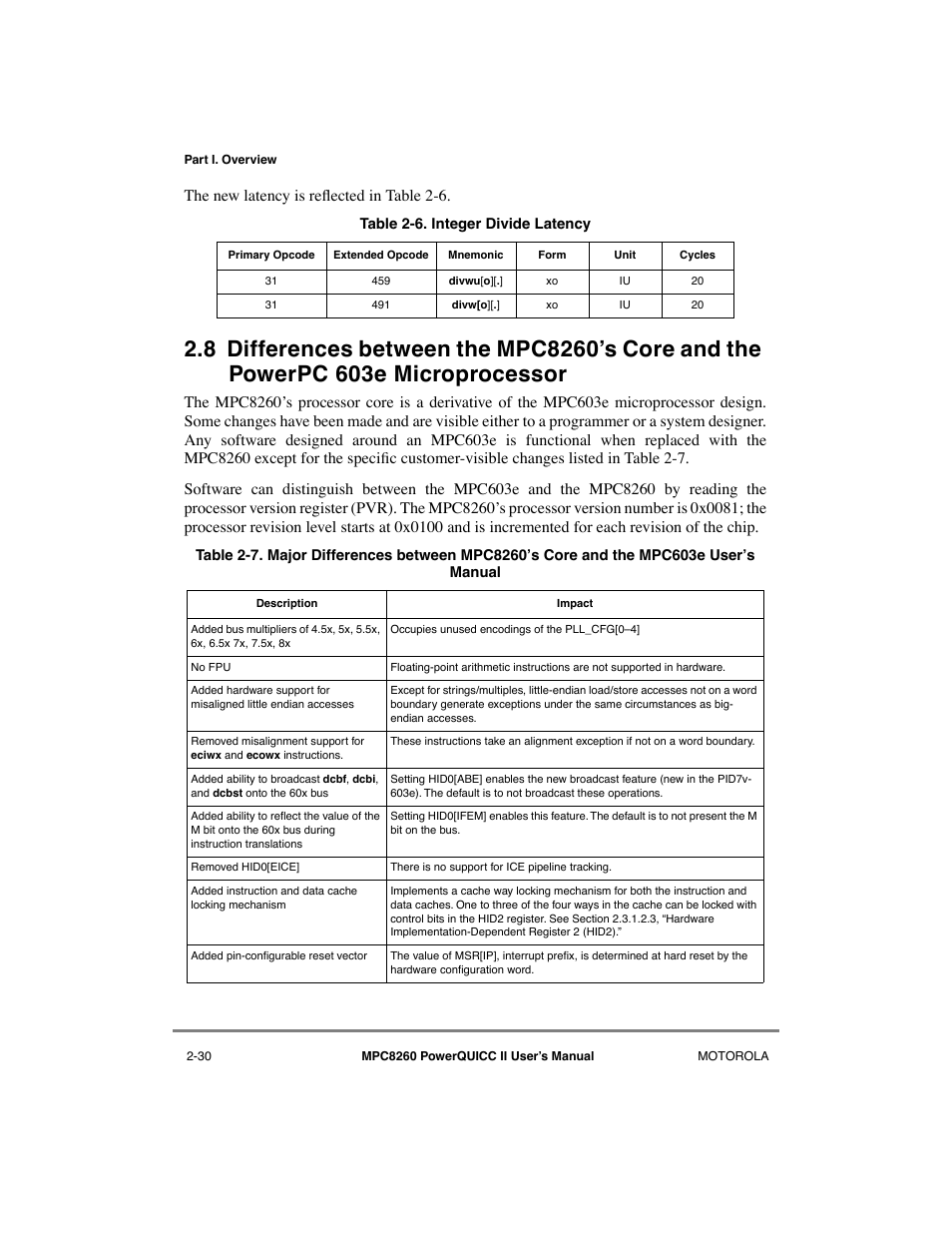 Microprocessor -30, Integer divide latency -30, The new latenc y is reßected in table 2-6 | Motorola MPC8260 User Manual | Page 118 / 1006