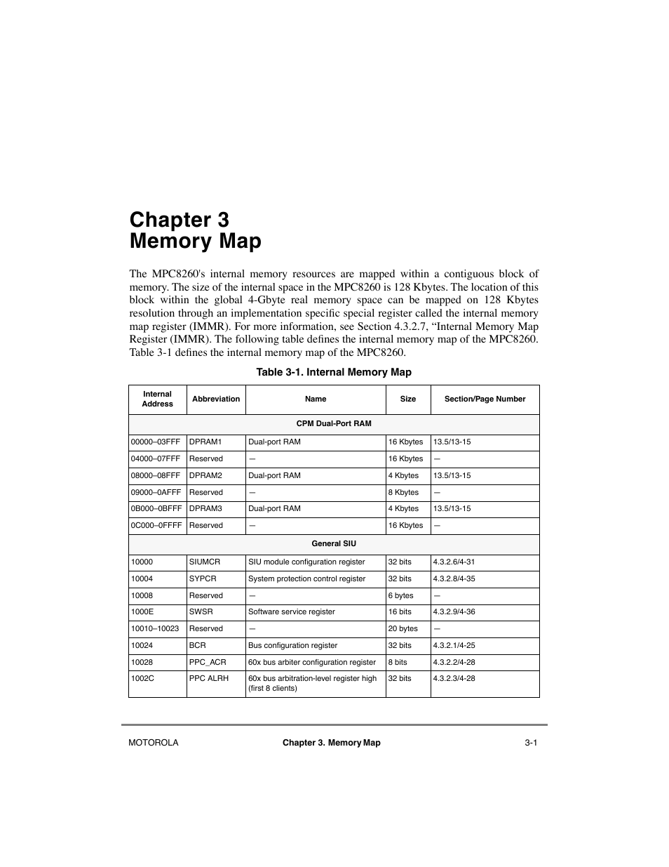 Chapter3 memory map, Chapter 3, Memory map | Internal memory map -1, Chapter 3, òmemory map | Motorola MPC8260 User Manual | Page 121 / 1006