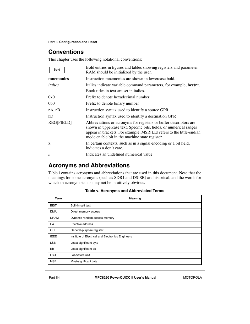 Conventions, Acronyms and abbreviations | Motorola MPC8260 User Manual | Page 136 / 1006