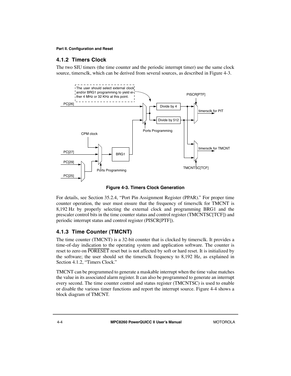 2 timers clock, 3 time counter (tmcnt), Timers clock -4 | Time counter (tmcnt) -4, Timers clock generation -4, See section 4.1.3, òtime counter (tmcnt) | Motorola MPC8260 User Manual | Page 142 / 1006
