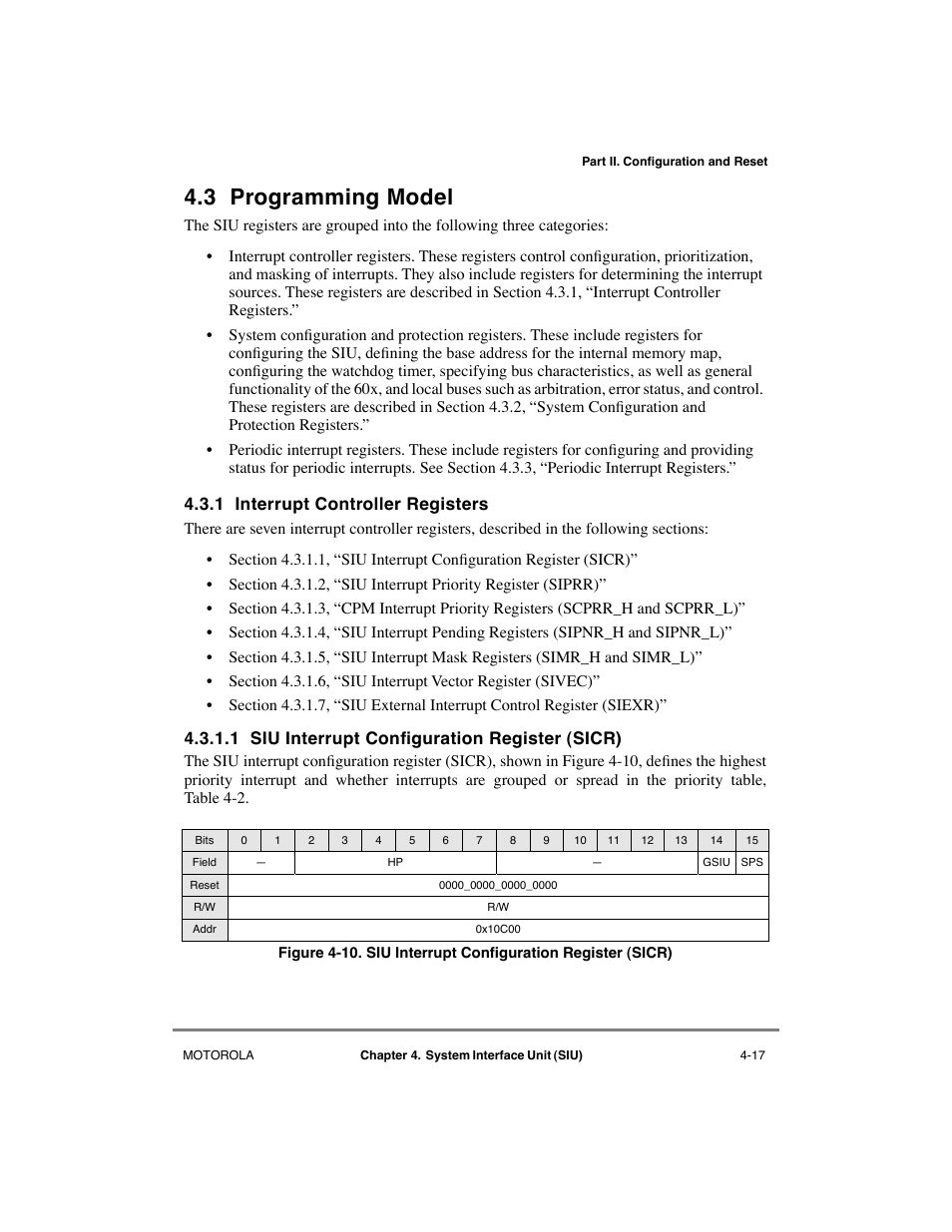 3 programming model, 1 interrupt controller registers, 1 siu interrupt configuration register (sicr) | Programming model -17, Interrupt controller registers -17, Siu interrupt configuration register (sicr) -17, 1 siu interrupt conþguration register (sicr) | Motorola MPC8260 User Manual | Page 155 / 1006