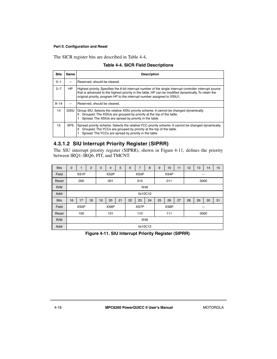2 siu interrupt priority register (siprr), Siu interrupt priority register (siprr) -18, Sicr field descriptions -18 | The sicr re gister bits are described in table 4-4 | Motorola MPC8260 User Manual | Page 156 / 1006