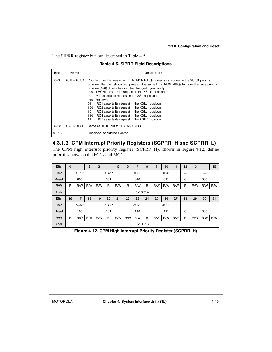 Cpm high interrupt priority register (scprr_h) -19, Siprr field descriptions -19 | Motorola MPC8260 User Manual | Page 157 / 1006