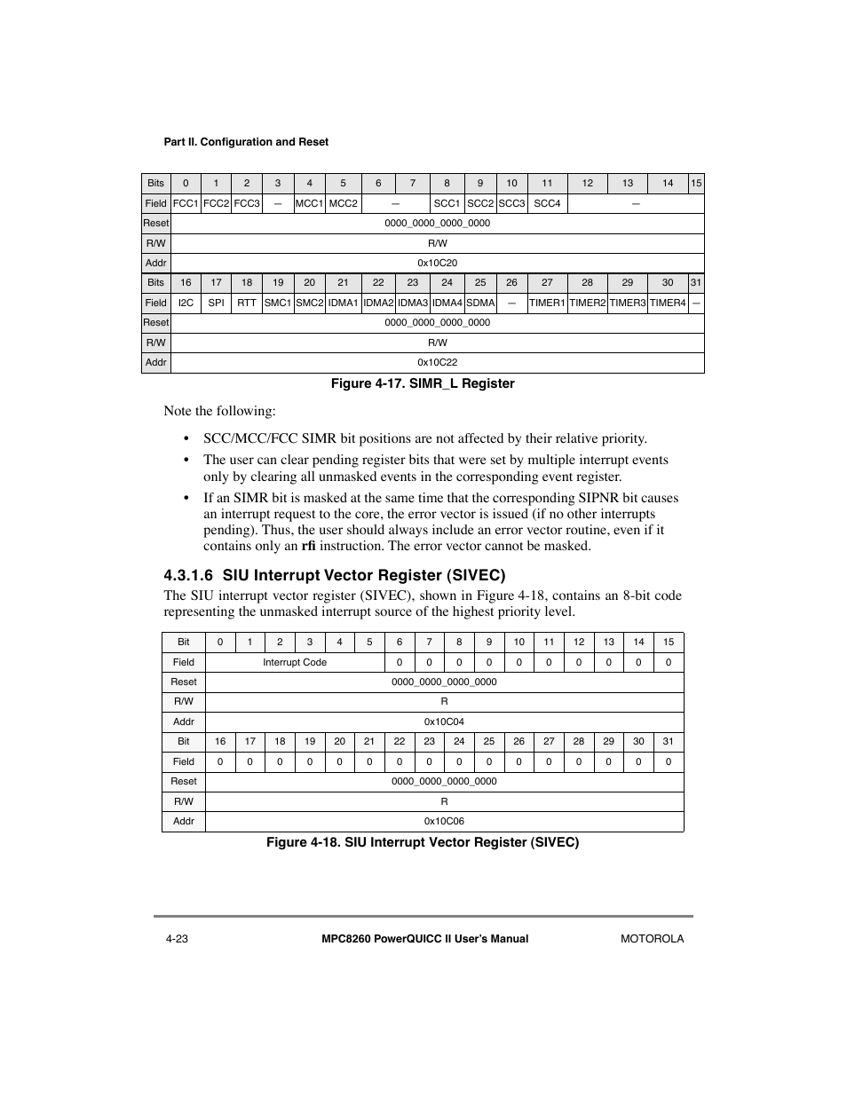 6 siu interrupt vector register (sivec), Siu interrupt vector register (sivec) -23, Simr_l register -23 | Motorola MPC8260 User Manual | Page 161 / 1006