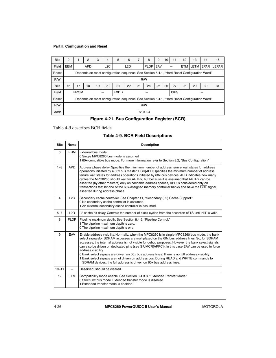 Bus configuration register (bcr) -26, Bcr field descriptions -26, Table 4-9 describes bcr þelds | Motorola MPC8260 User Manual | Page 164 / 1006