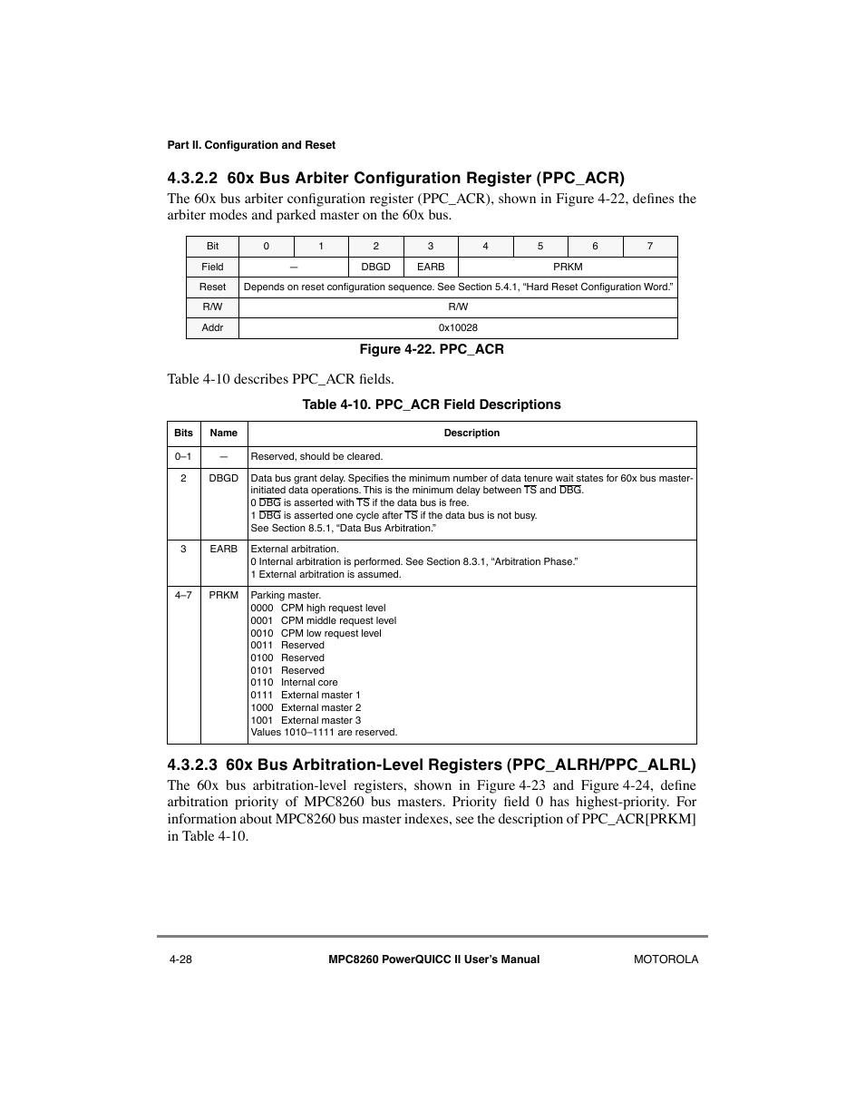 2 60x bus arbiter configuration register (ppc_acr), Ppc_acr -28, Ppc_acr field descriptions -28 | 2 60x bus arbiter conþguration register (ppc_acr) | Motorola MPC8260 User Manual | Page 166 / 1006