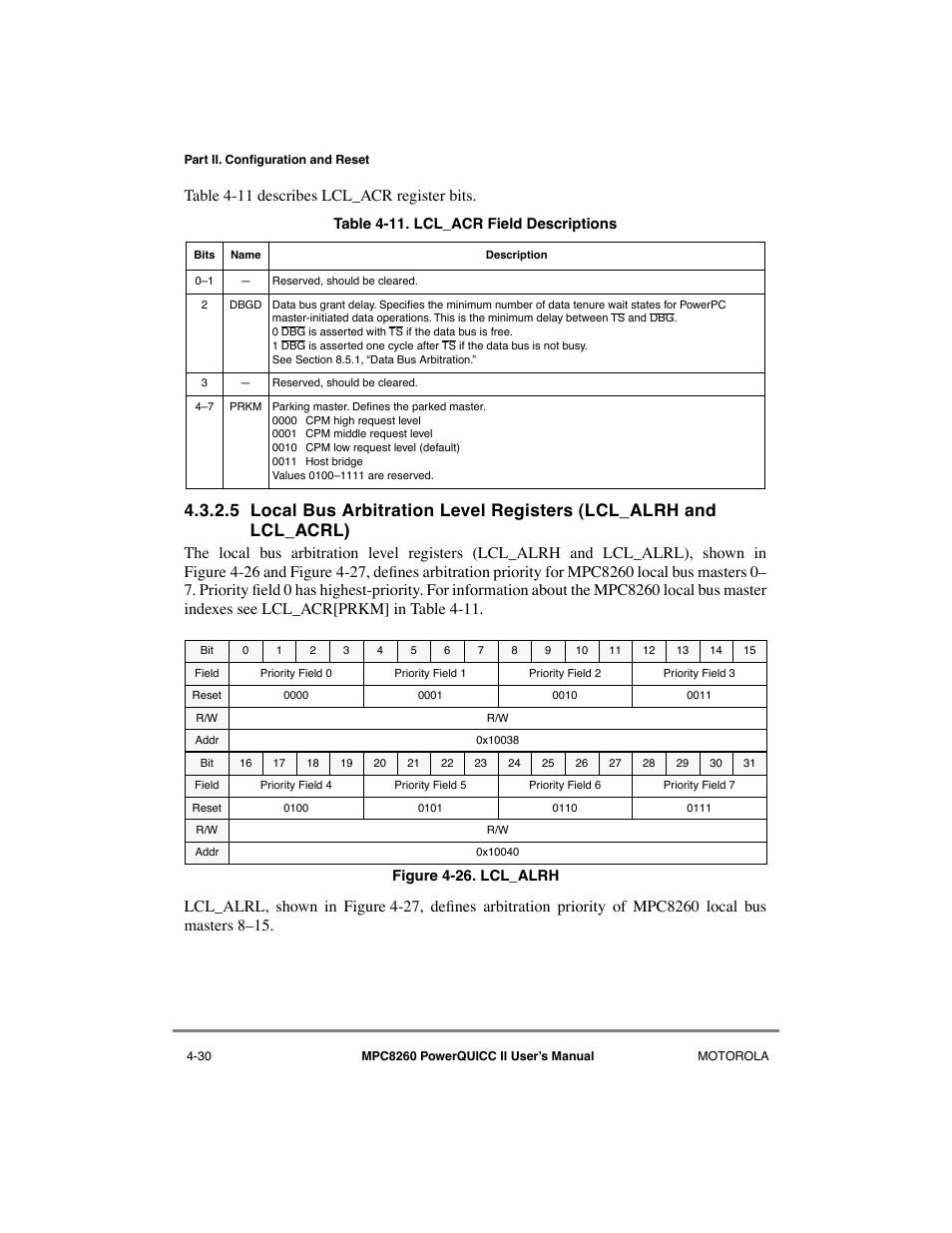 Lcl_alrh -30, Lcl_acr field descriptions -30, Table 4-11 describes lcl_a cr register bits | Motorola MPC8260 User Manual | Page 168 / 1006