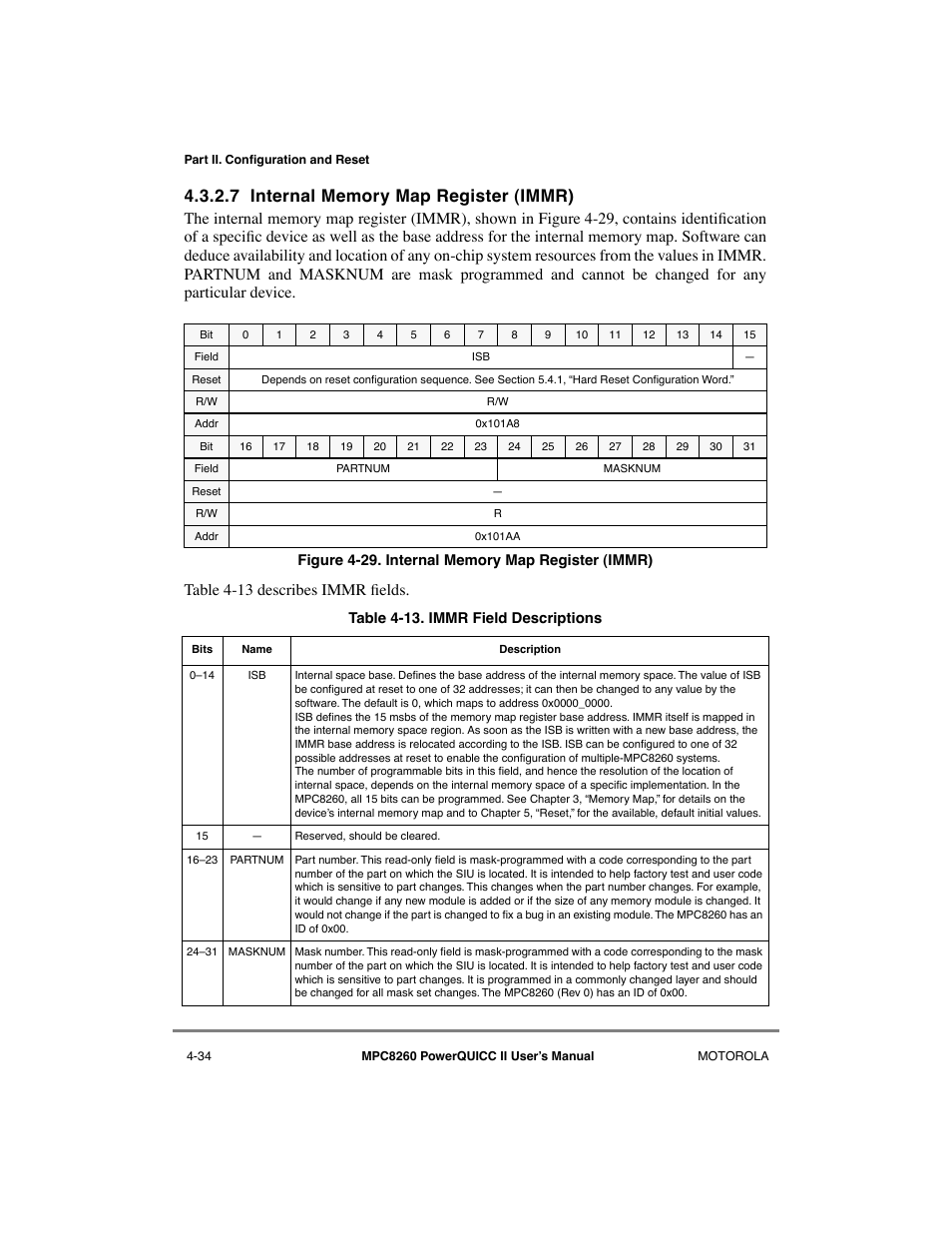 7 internal memory map register (immr), Internal memory map register (immr) -34, Immr field descriptions -34 | Motorola MPC8260 User Manual | Page 172 / 1006