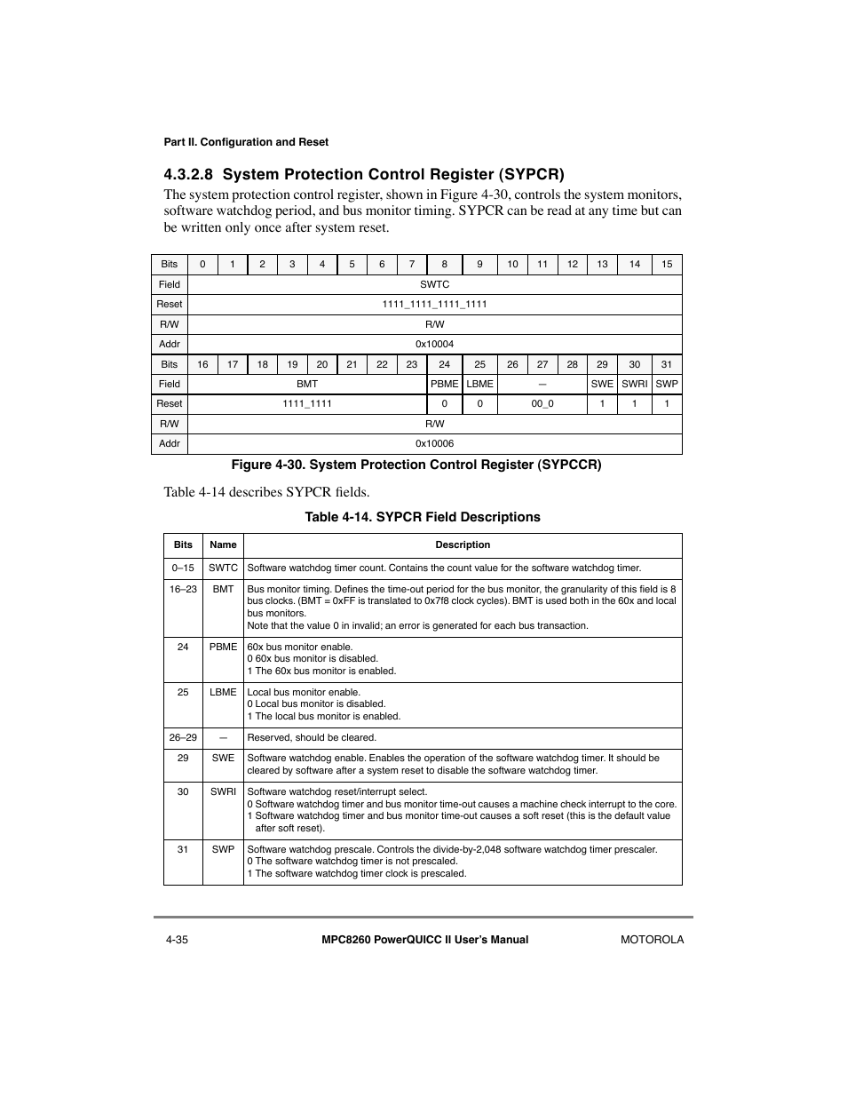 8 system protection control register (sypcr), System protection control register (sypcr) -35, System protection control register (sypccr) -35 | Sypcr field descriptions -35 | Motorola MPC8260 User Manual | Page 173 / 1006