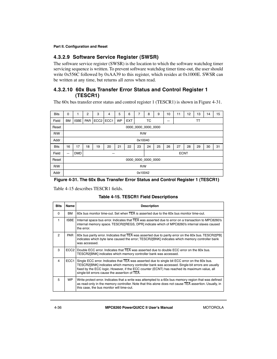 9 software service register (swsr), Software service register (swsr) -36, Tescr1 field descriptions -36 | Motorola MPC8260 User Manual | Page 174 / 1006