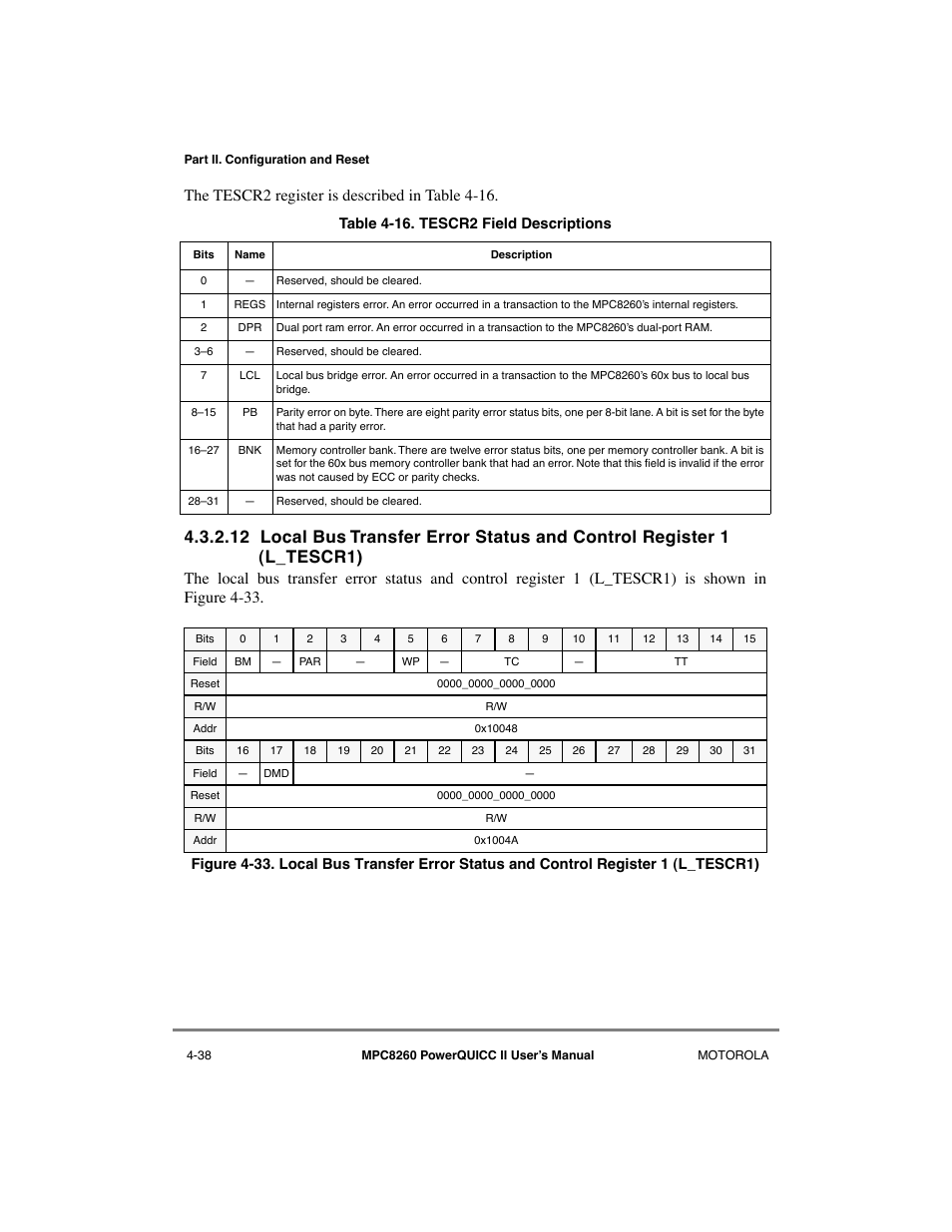 Tescr2 field descriptions -38, The tescr2 re gister is described in table 4-16 | Motorola MPC8260 User Manual | Page 176 / 1006