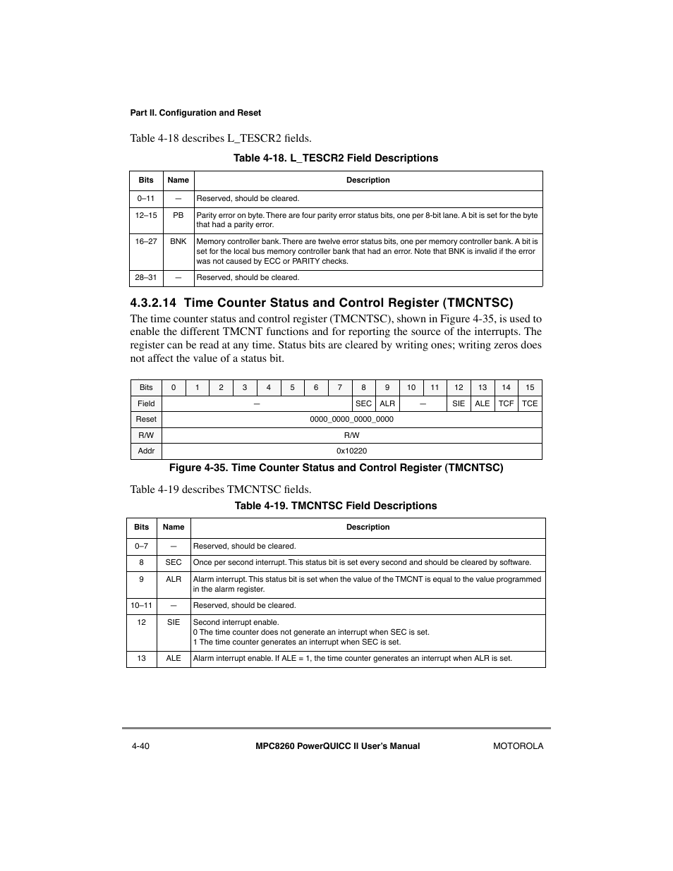 L_tescr2 field descriptions -40, Tmcntsc field descriptions -40, Table 4-18 describes l_tescr2 þelds | Table 4-19 describes tmcntsc þelds | Motorola MPC8260 User Manual | Page 178 / 1006