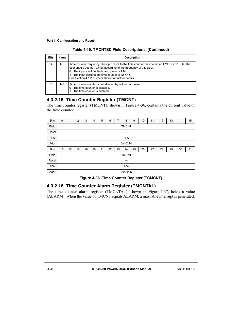 15 time counter register (tmcnt), 16 time counter alarm register (tmcntal), Time counter register (tmcnt) -41 | Time counter alarm register (tmcntal) -41, Time counter register (tcmcnt) -41 | Motorola MPC8260 User Manual | Page 179 / 1006