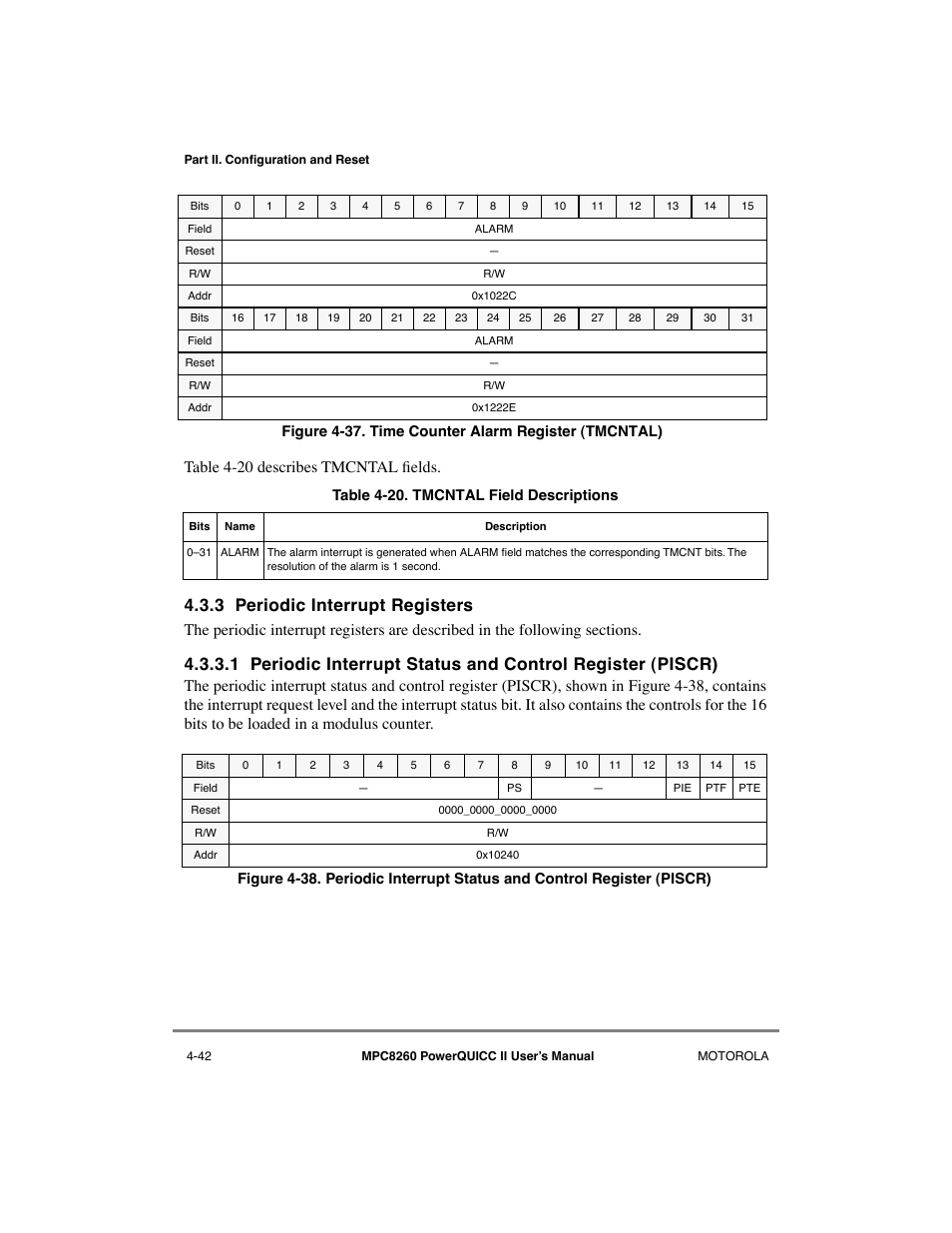 3 periodic interrupt registers, Periodic interrupt registers -42, Time counter alarm register (tmcntal) -42 | Tmcntal field descriptions -42, Mar field description -30, Wn in figure 4-37, holds a v, Table 4-20 describes tmcntal þelds | Motorola MPC8260 User Manual | Page 180 / 1006