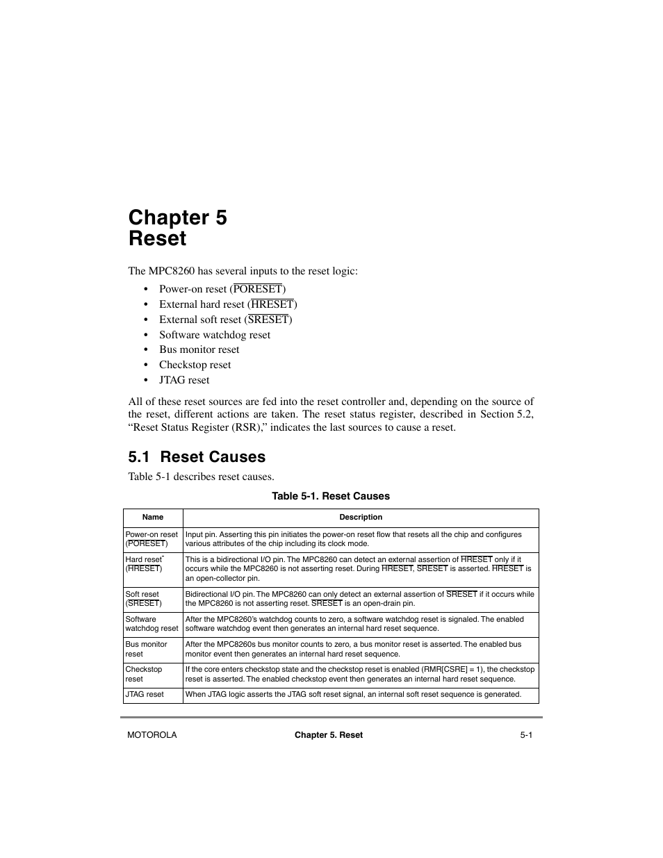 Chapter5 reset, 1 reset causes, Chapter 5 | Reset, Reset causes -1, Chapter 5, òreset, Y map and to chapter 5, òreset, Chapter 5 reset | Motorola MPC8260 User Manual | Page 185 / 1006