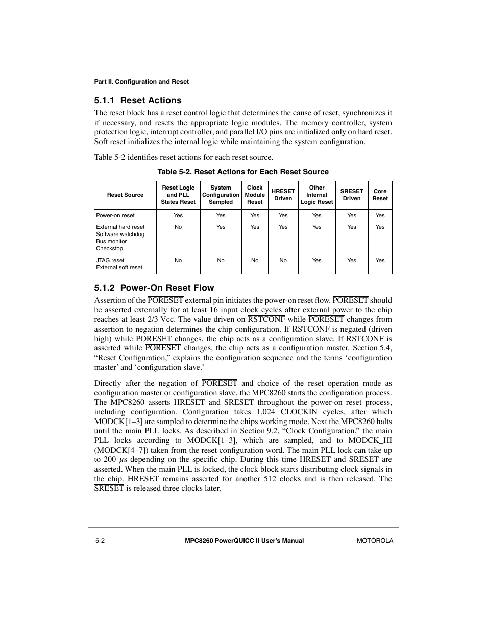 1 reset actions, 2 power-on reset flow, Reset actions -2 | Power-on reset flow -2, Reset actions for each reset source -2 | Motorola MPC8260 User Manual | Page 186 / 1006