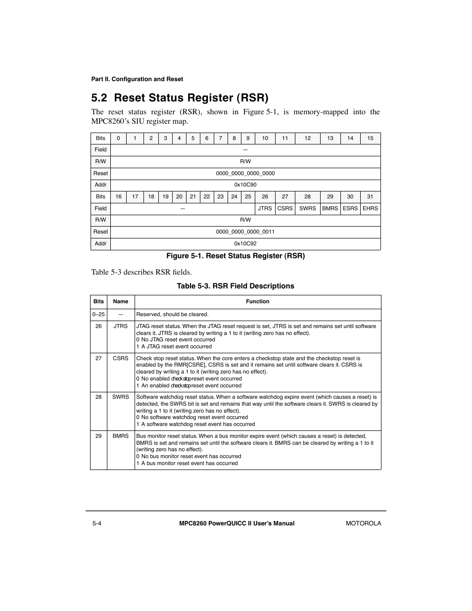 2 reset status register (rsr), Reset status register (rsr) -4, Rsr field descriptions -4 | Motorola MPC8260 User Manual | Page 188 / 1006