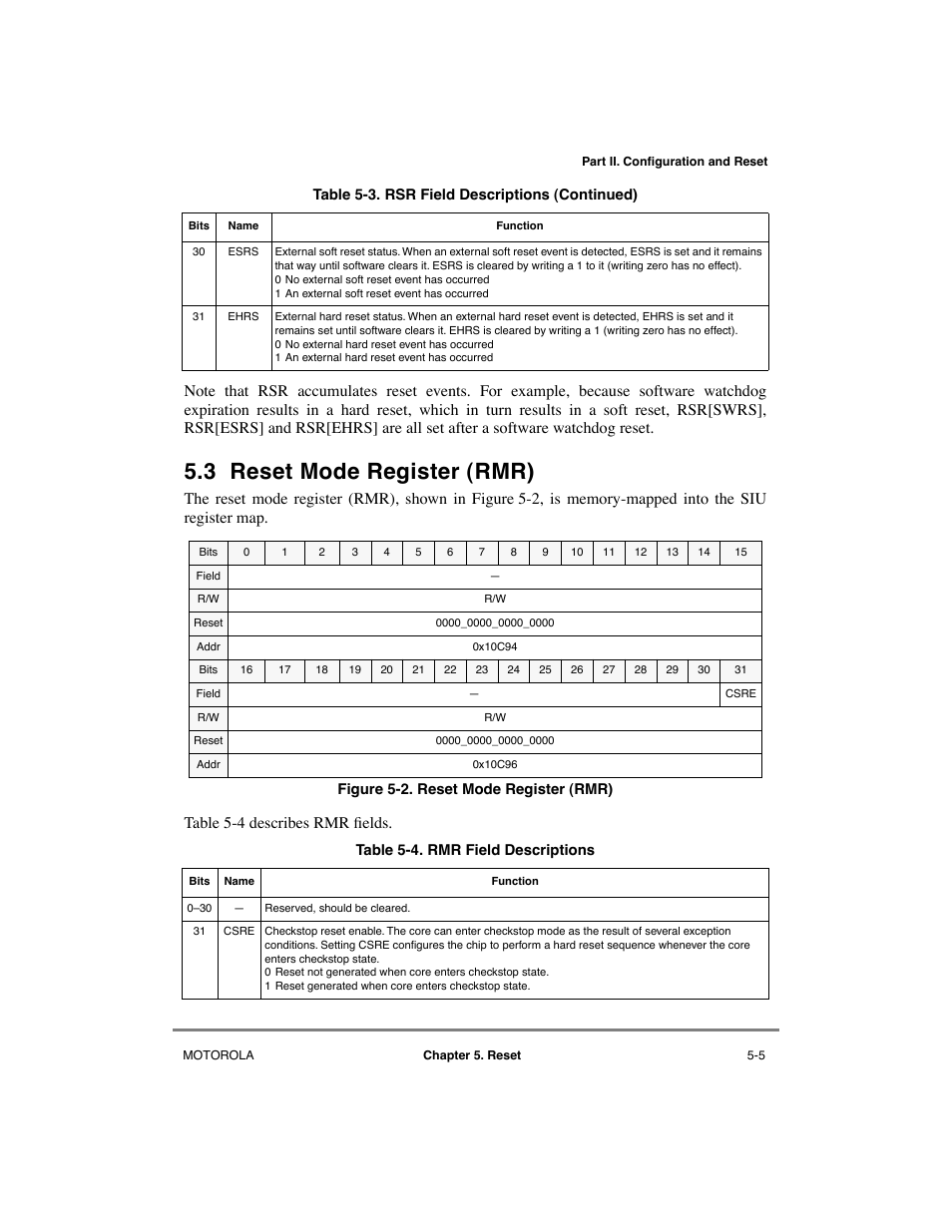3 reset mode register (rmr), Reset mode register (rmr) -5, Rmr field descriptions -5 | Motorola MPC8260 User Manual | Page 189 / 1006