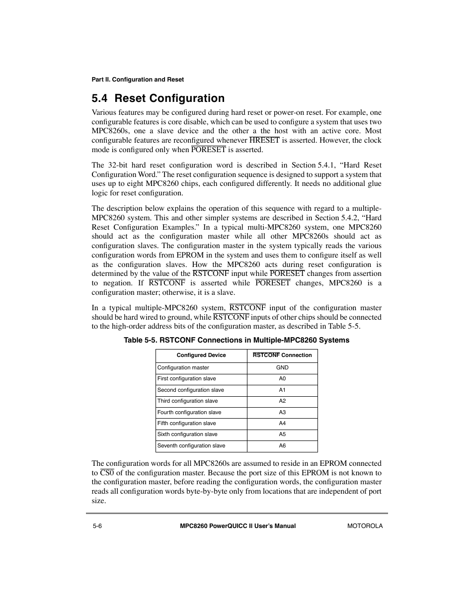 4 reset configuration, Reset configuration -6, Rstconf connections in multiple-mpc8260 systems -6 | 4 reset conþguration | Motorola MPC8260 User Manual | Page 190 / 1006