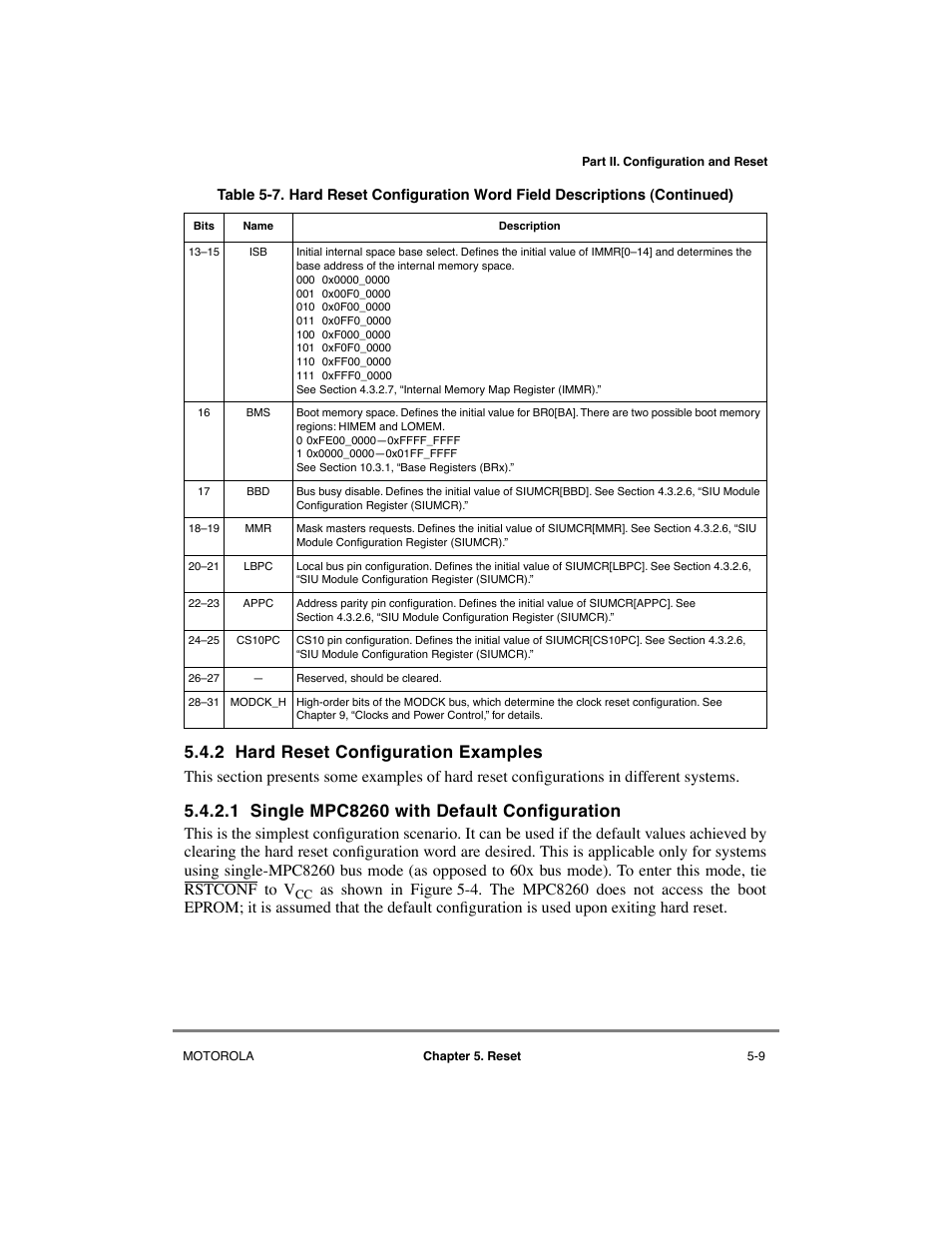 2 hard reset configuration examples, 1 single mpc8260 with default configuration, Hard reset configuration examples -9 | Single mpc8260 with default configuration -9, 2 hard reset conþguration examples | Motorola MPC8260 User Manual | Page 193 / 1006