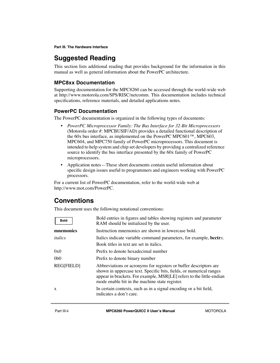 Suggested reading, Conventions | Motorola MPC8260 User Manual | Page 198 / 1006